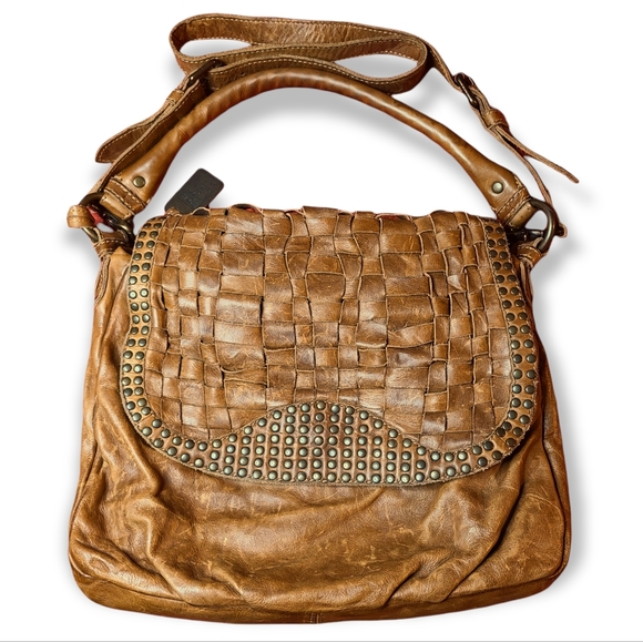 Frye Stacy Woven Studded Convertible Camel Brown Italian Leather Hobo Bag - Picture 1 of 15